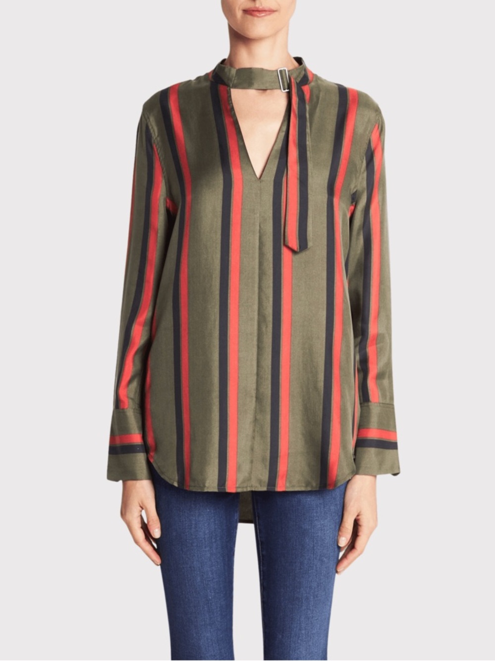 Striped Olive Green Tie-Neck Blouse small